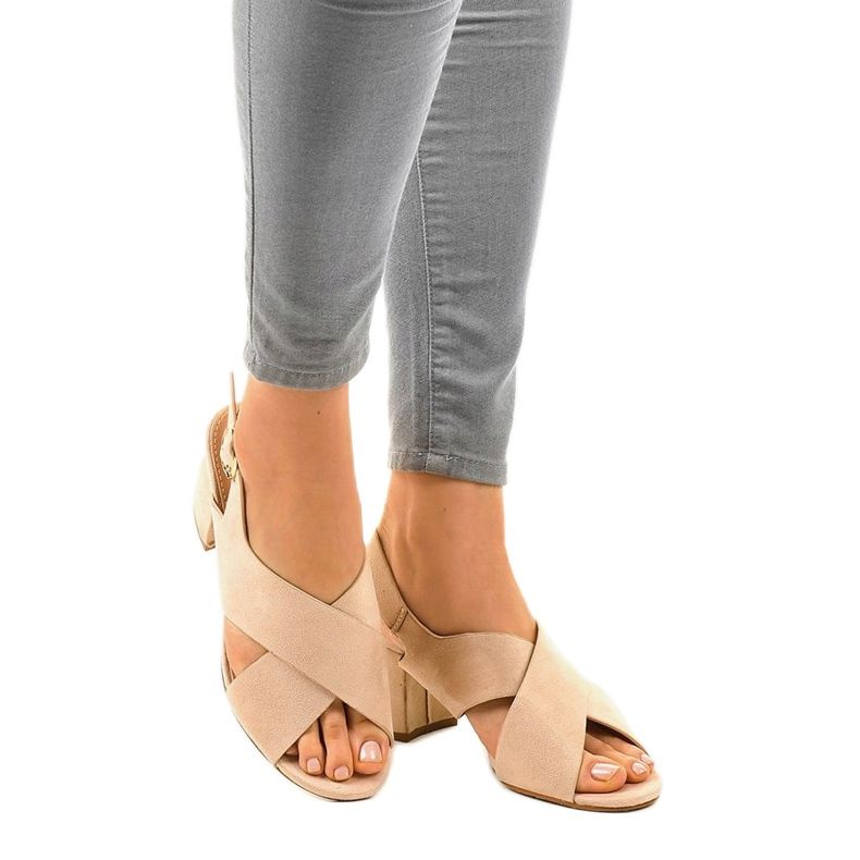 Sandale bej cu toc înalt A305 piele de căprioară 1