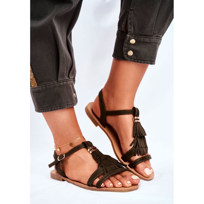 FJ1 Sandale de damă din piele de căprioară plată Boho Olive Lucami multicolor verde 1