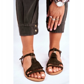 FJ1 Sandale de damă din piele de căprioară plată Boho Olive Lucami multicolor verde 2