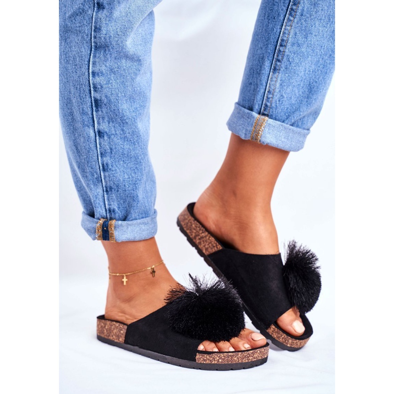 MSMG Papuci negri de damă pe plută cu Pompom Galaxo negru 1 MSMG Papuci negri de damă pe plută cu Pompom Galaxo negru 1