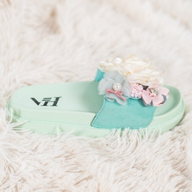 SHELOVET Papuci din piele intoarsa cu flori verde 2 SHELOVET Papuci din piele intoarsa cu flori verde 2