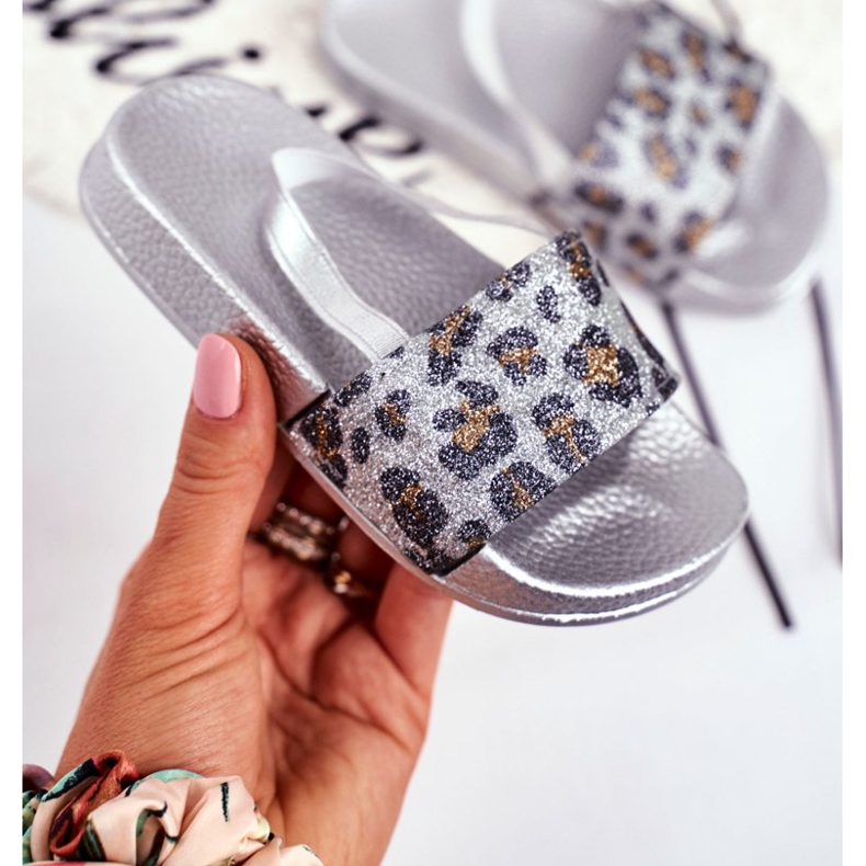 FRROCK Papuci pentru fete copii Brocart Leopard Argint Rimia gri 2