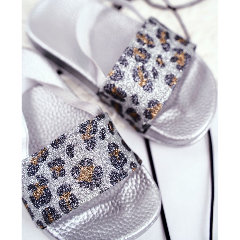 FRROCK Papuci pentru fete copii Brocart Leopard Argint Rimia gri 1