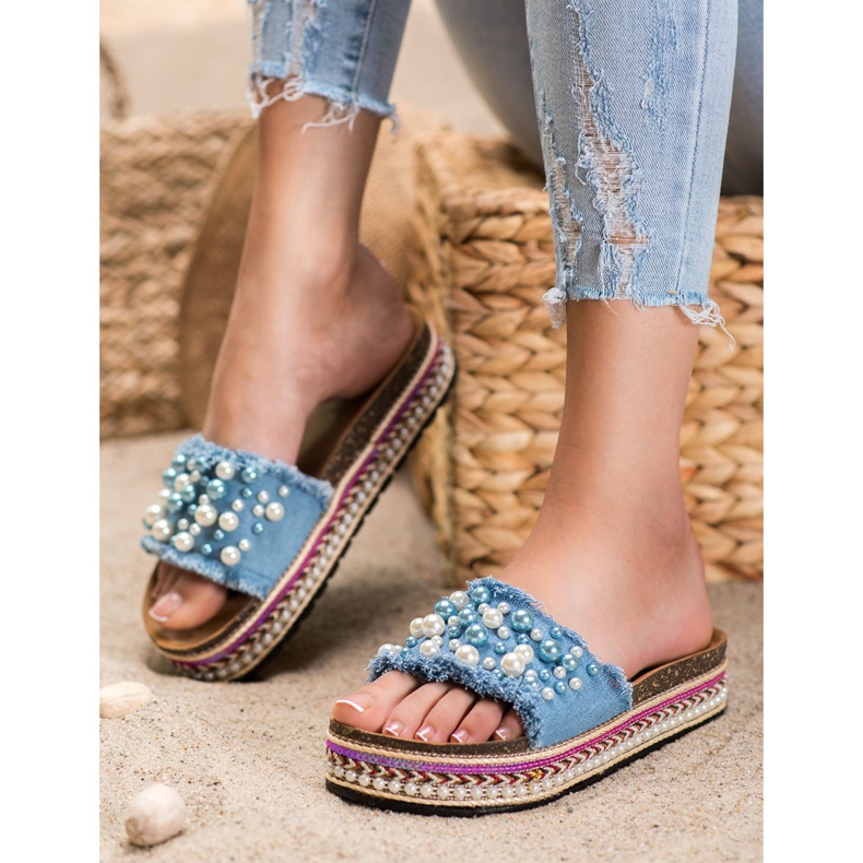 Small Swan Papuci Pe Platforma Cu Perle albastru 2