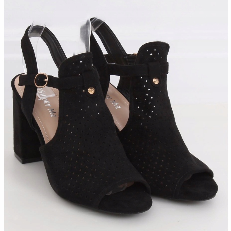 Negru LL79 Sandale negre cu toc înalt, ajurate 1