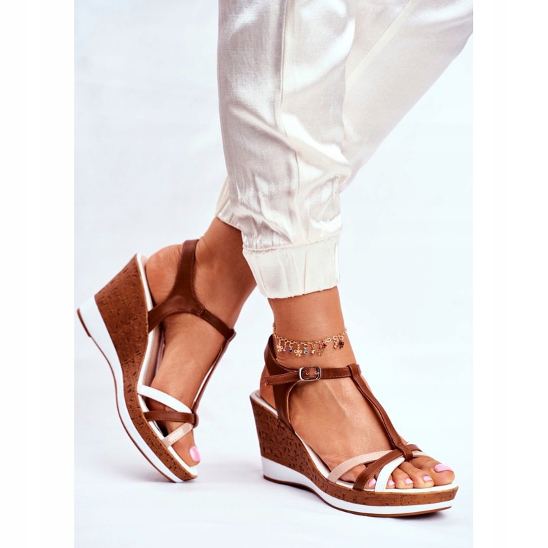 Sandale de damă pe pană Sergio Leone Brown SK308 alb maro 2