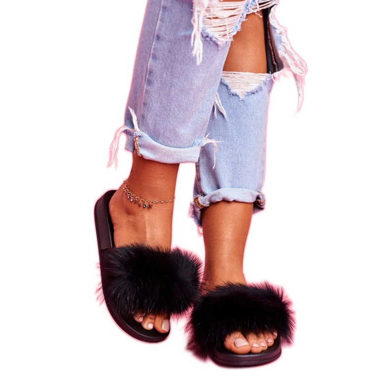 Papuci de damă cu blană naturală Naturis negru 3