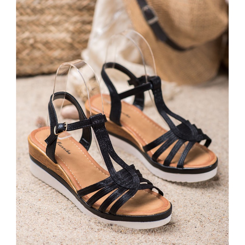 Mannika Sandale cu pene confortabile negru 1 Mannika Sandale cu pene confortabile negru 1