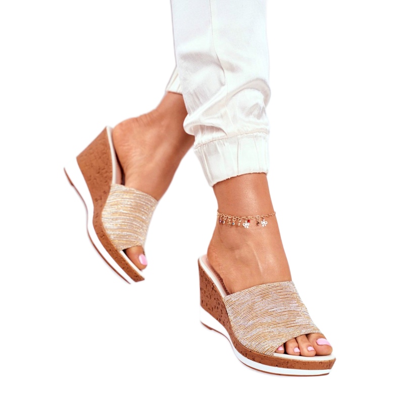 Papuci de damă pe pană Sergio Leone Beige SK320 bej de aur 4