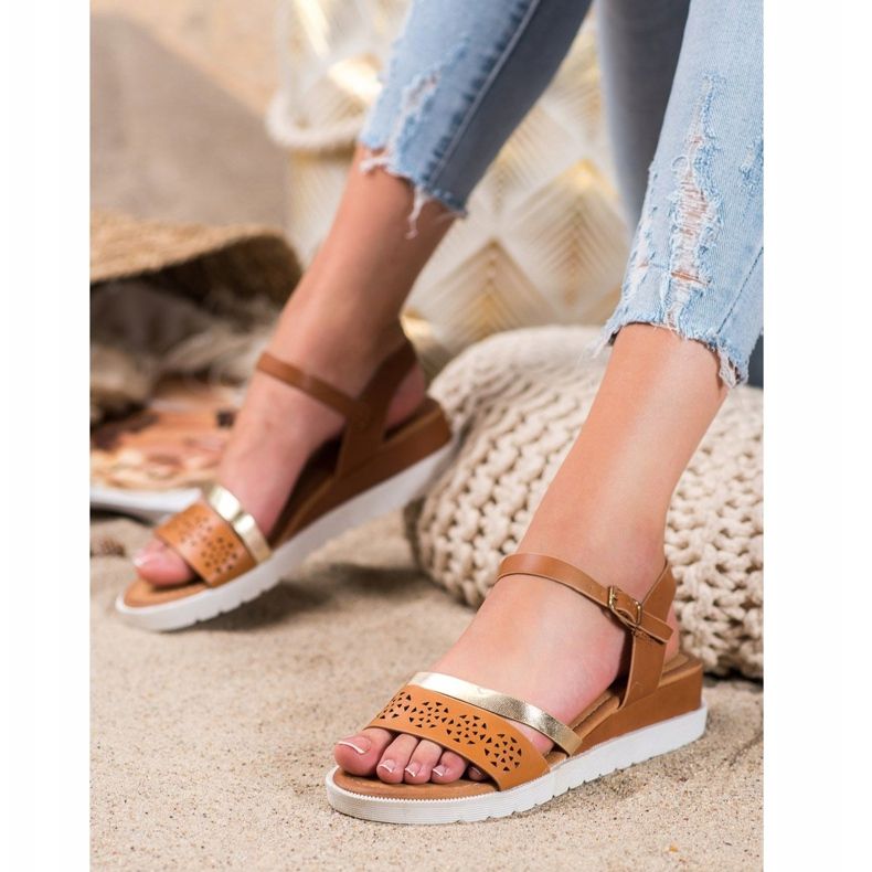 Renda Sandale cu pană cu piele ecologică maro 1