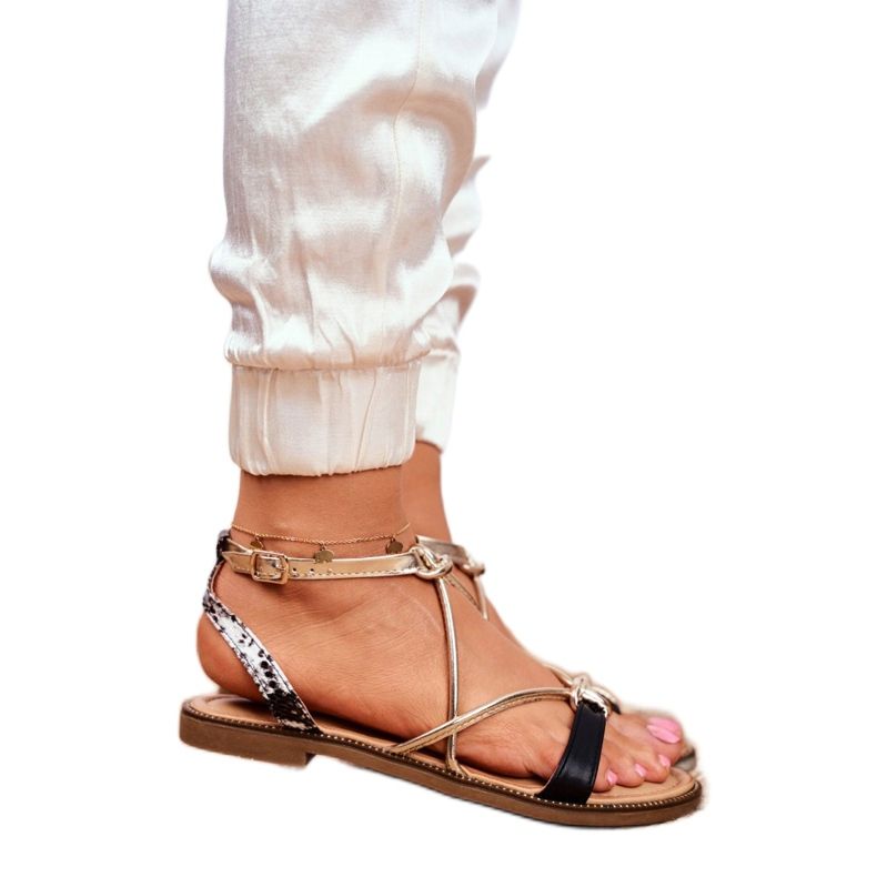 S.Barski Sandale de damă plate negre și aurii Barski Samim negru galben 2