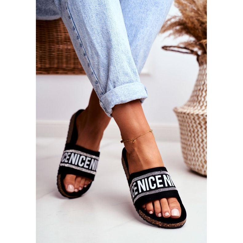 EVE Papuci negri de damă pe plută cu pietre de stras BeNice negru 1