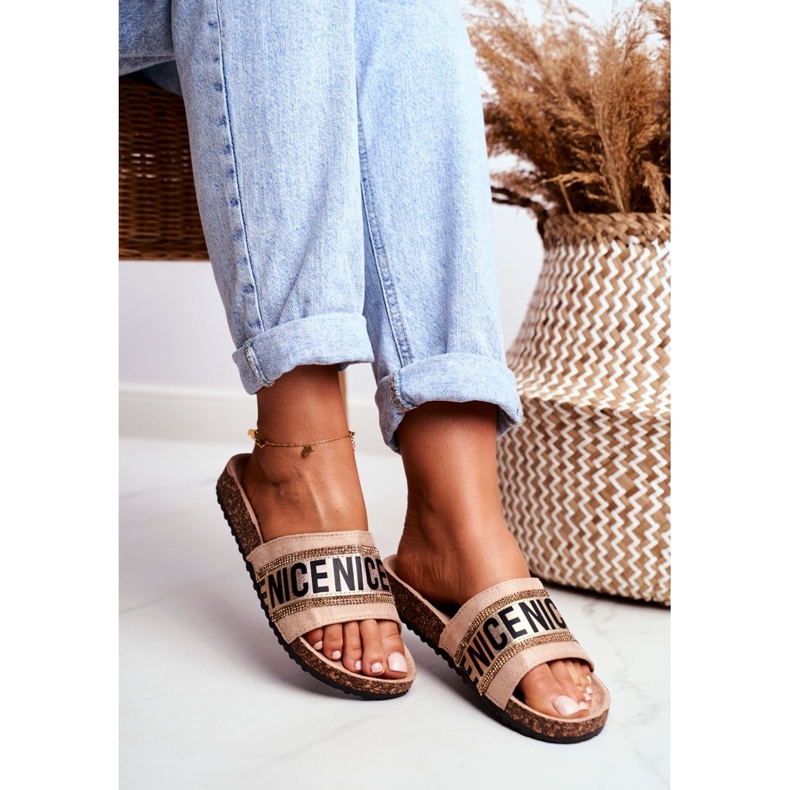 EVento Flip-flops BeNice Beige pentru femei pe plută cu pietre de stras bej 2