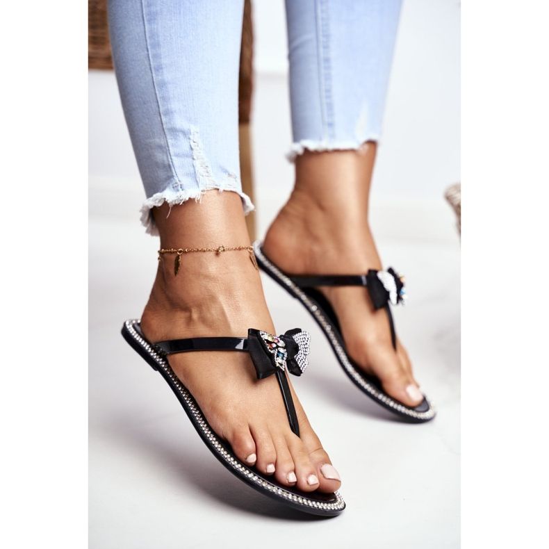 LU BOO Papuci de cauciuc pentru femei Flip-Flops negri Lissy Pietre de stras negru 1