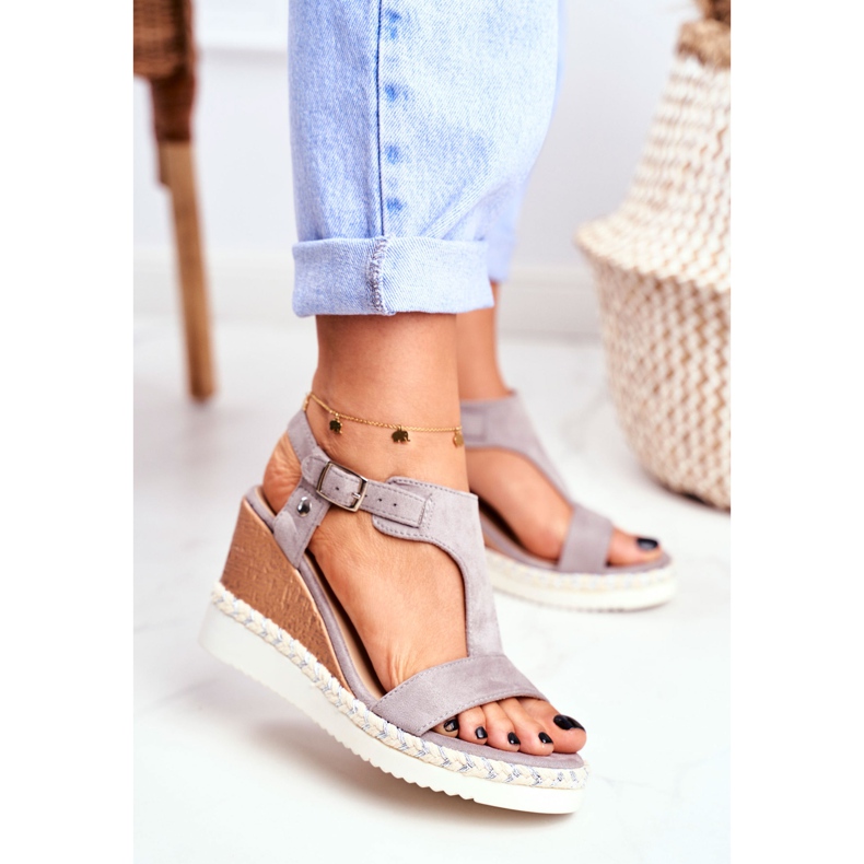 BUGO Sandale de damă pe pană gri roz 2