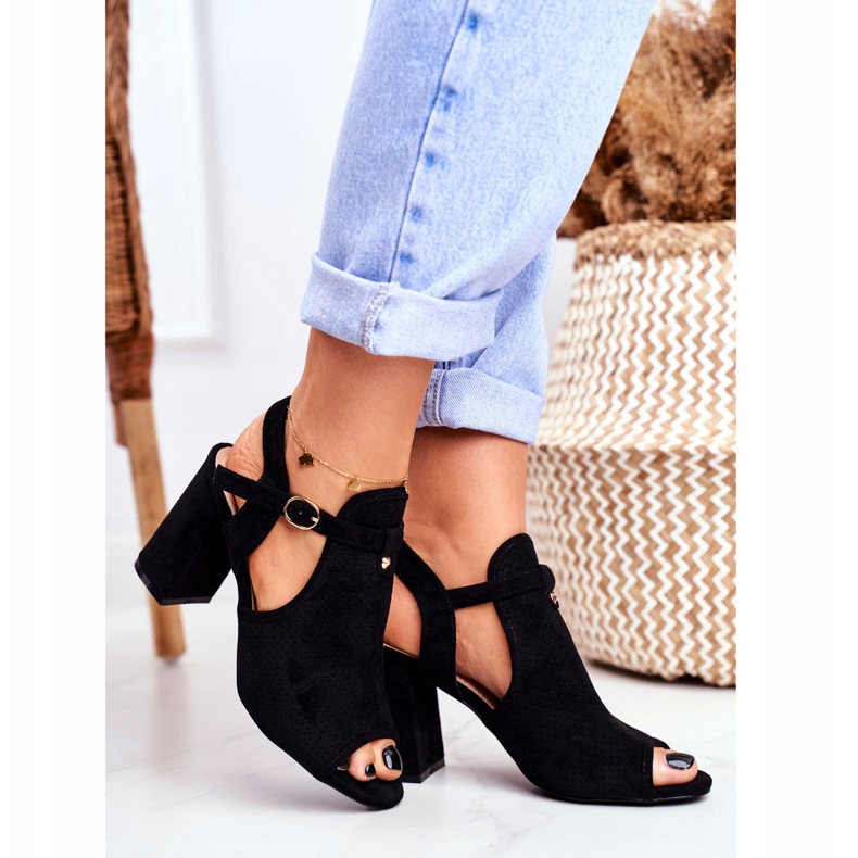 BUGO Sandale de damă pe toc ajurat Kira neagră negru 2