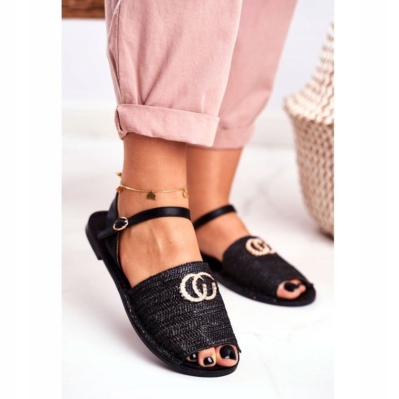 Sandale plate pentru femei negre Lu Boo împletite Felicia negru 1