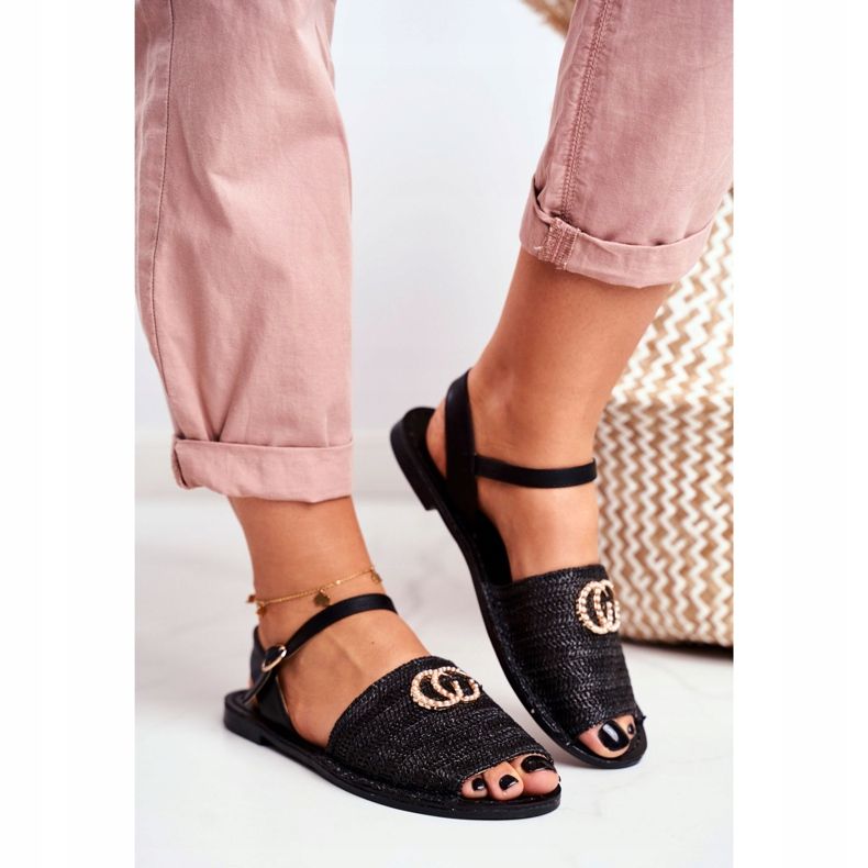 Sandale plate pentru femei negre Lu Boo împletite Felicia negru 2