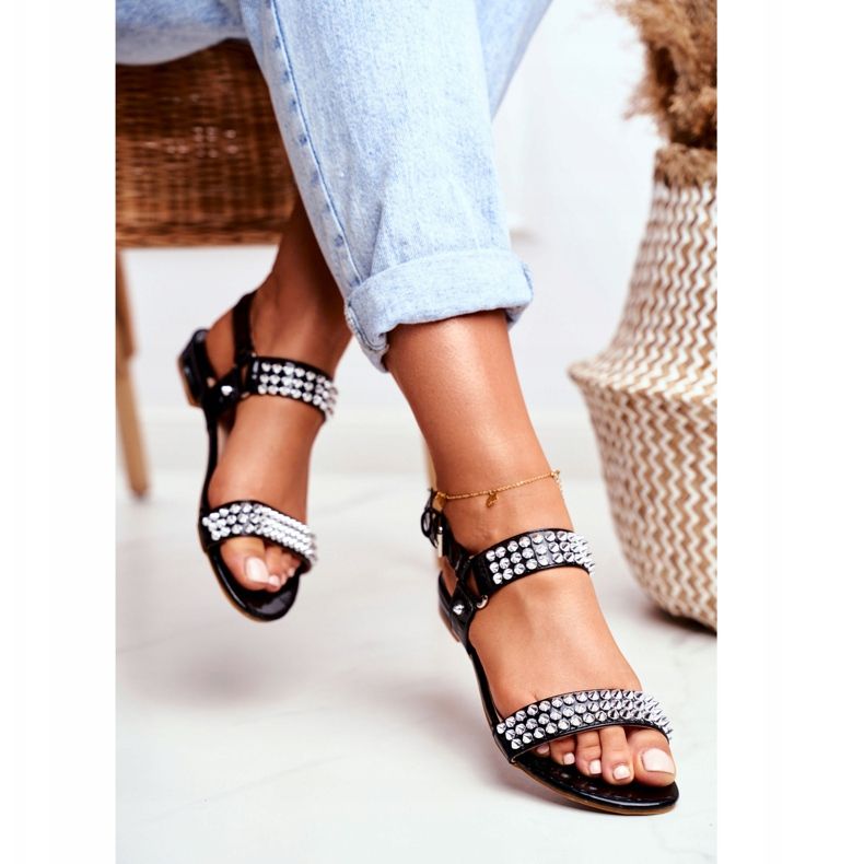 Sandale plate pentru femei, negre, Lu Boo, cu știfturi Aldona negru 2