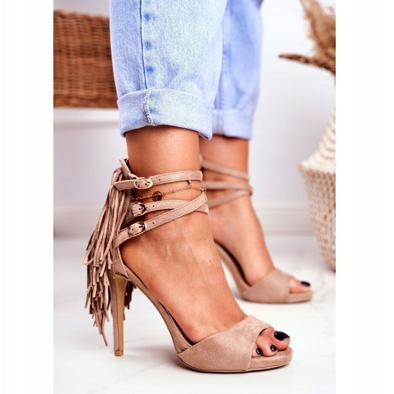 LU BOO Sandale pentru femei cu toc înalt Gladiator Beige Carnaval bej 1