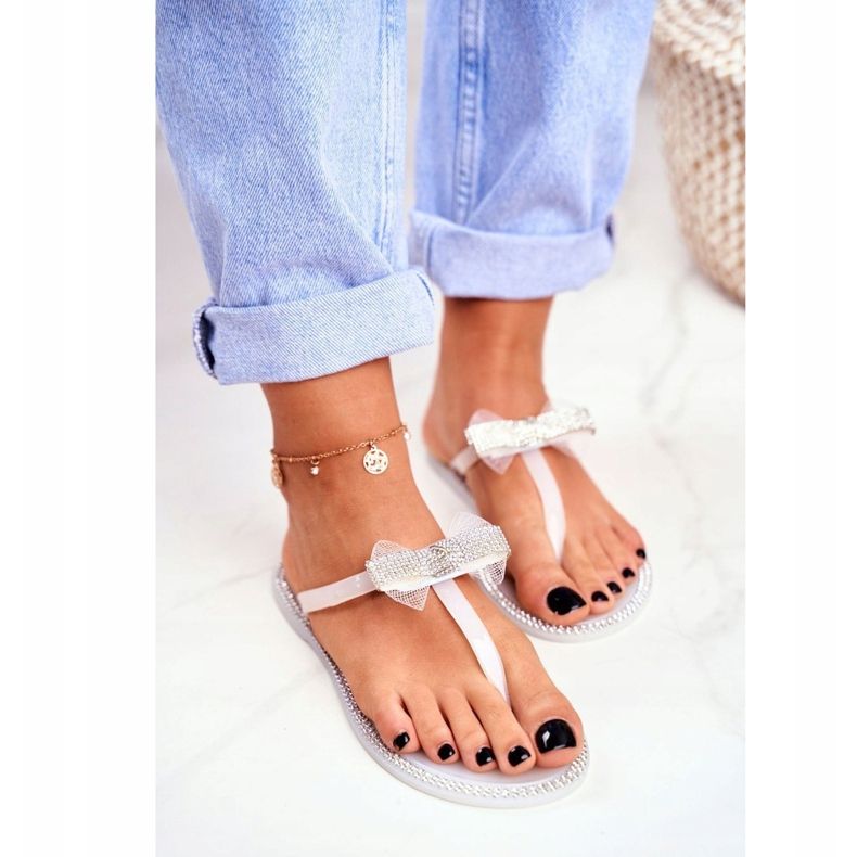 LU BOO Papuci de cauciuc pentru femei Flip-flops albi Strasuri Lou 1