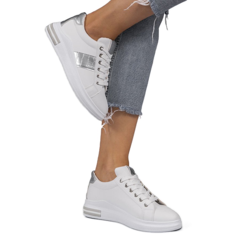 Adidași de modă albi cu piele ecologică C912 argint gri 1