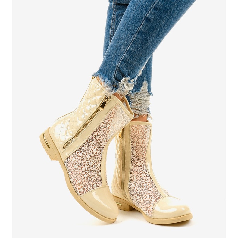 Cizme plate ajurate bej X362-2 1