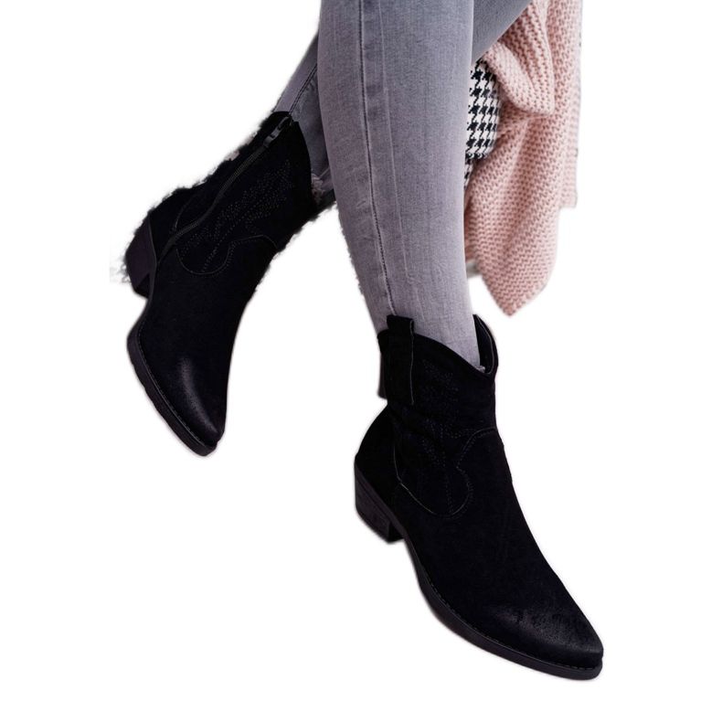 BUGO Cizme Cowboy Femei Suede Negre Ferders negru 2 BUGO Cizme Cowboy Femei Suede Negre Ferders negru 2