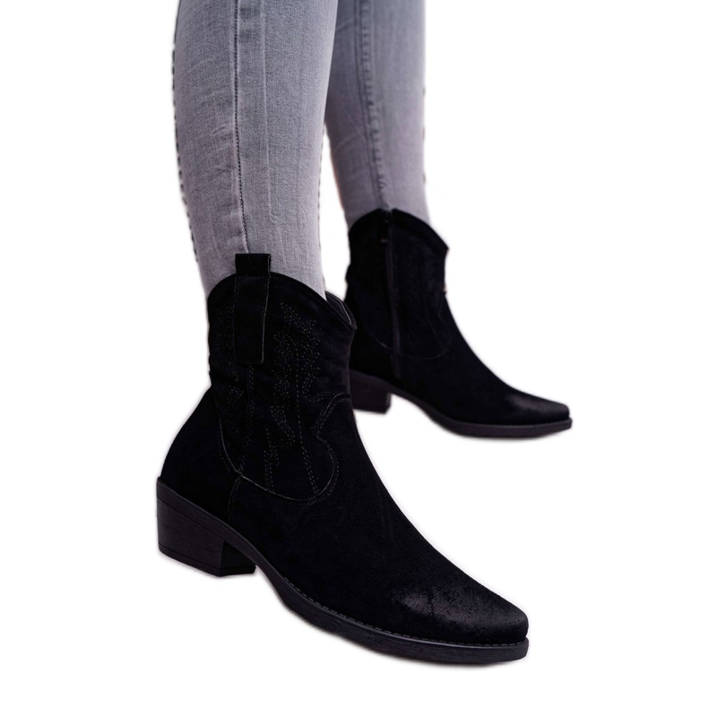 BUGO Cizme Cowboy Femei Suede Negre Ferders negru 1 BUGO Cizme Cowboy Femei Suede Negre Ferders negru 1