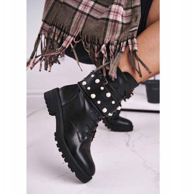 FE1 Cizme înalte plate pentru femei, negre cu perle Mishigan negru 1 FE1 Cizme înalte plate pentru femei, negre cu perle Mishigan negru 1