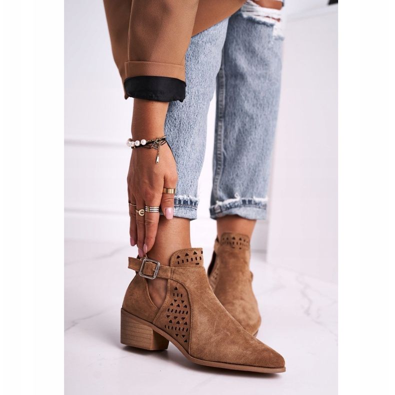 FB1 Cizme de damă cu toc înalt Cataramă din piele întoarsă Camel Esen maro 1