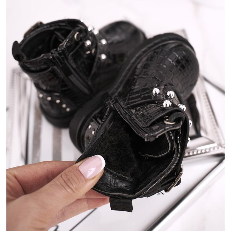 FRROCK Cizme pentru copii încălzite cu blană, lac negru Mary 1