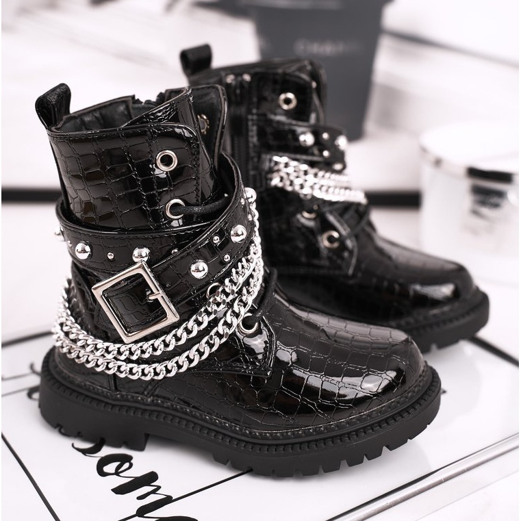 FRROCK Cizme pentru copii încălzite cu blană, caramel negru lăcuit 1