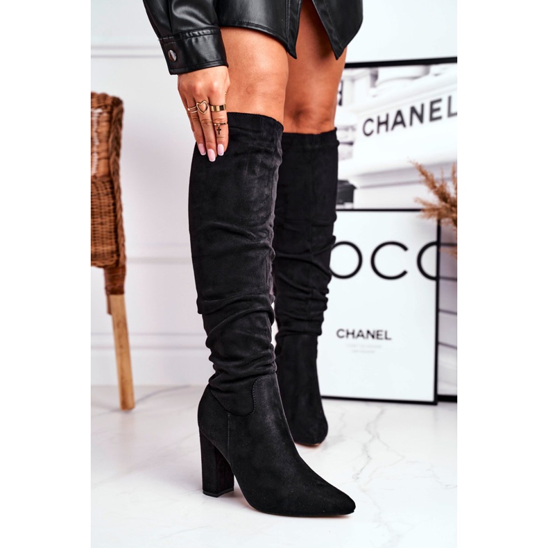 Cizme de damă cu toc piele de căprioară neagră negru 2