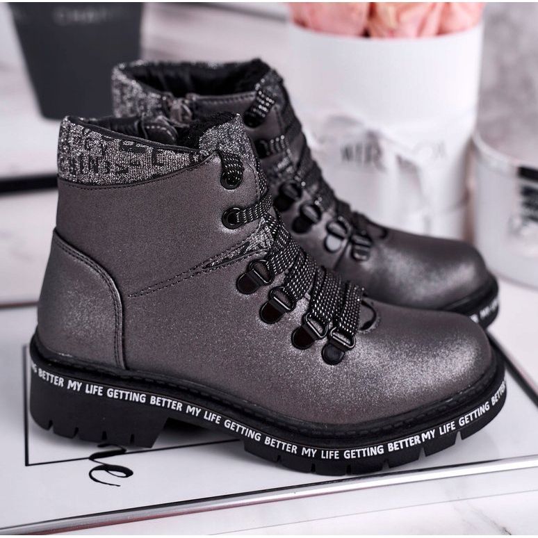 Cizme pentru tineri pentru copii cu fulg de zăpadă gri de piele de oaie 1