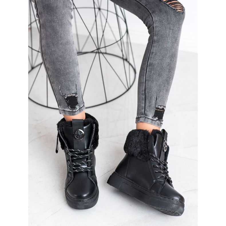 Weide Botine legate cu blană negru 2