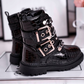 FRROCK Cizme calde pentru copii cu catarame cu imprimeu negru Fun Time 1