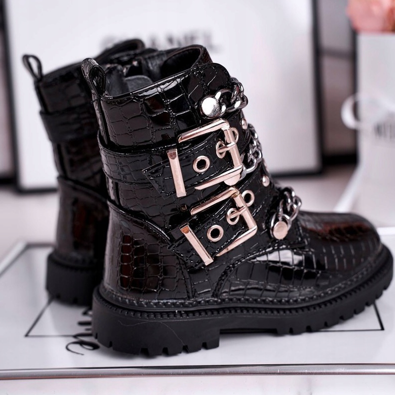 FRROCK Cizme calde pentru copii cu catarame cu imprimeu negru Fun Time 1