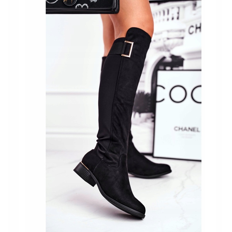 EVE Cizme dama înalte pentru genunchi piele de căprioară / lycra negru Nash 1