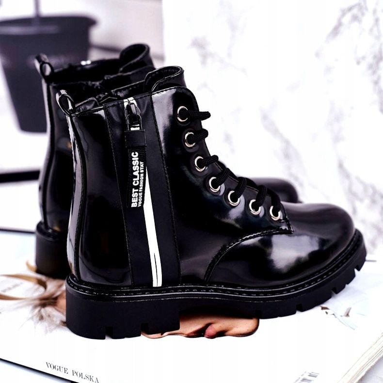 Vinceza Cizme pentru copii cald cu șoim negru lacuit cu fermoar 3