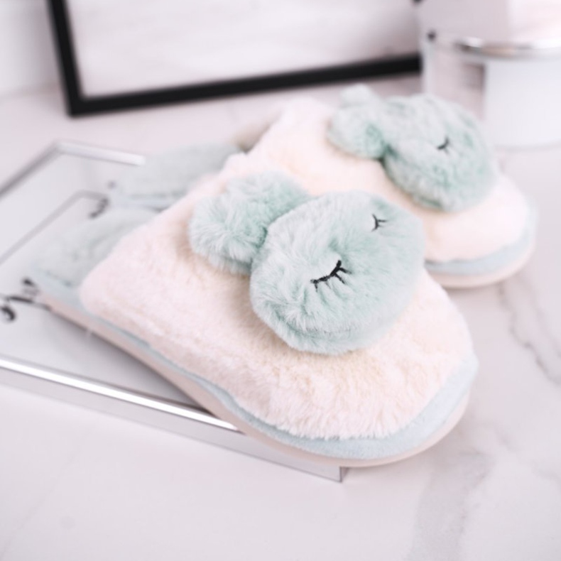 Papuci de blană pentru femei Iepure verde deschis roz 2