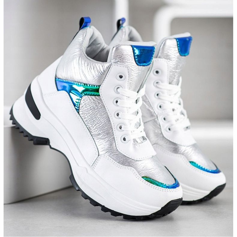 Ideal Shoes Adidași de top din piele ecologică alb argint 1