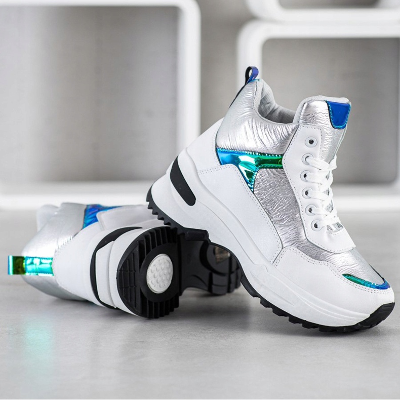 Ideal Shoes Adidași de top din piele ecologică alb argint 2