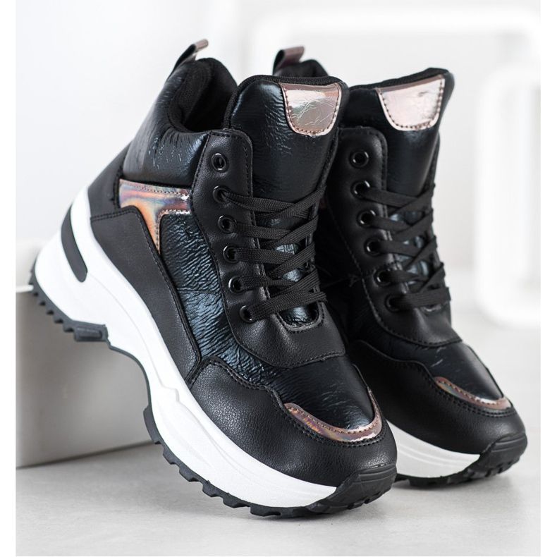 Ideal Shoes Adidași de top din piele ecologică negru roz 1