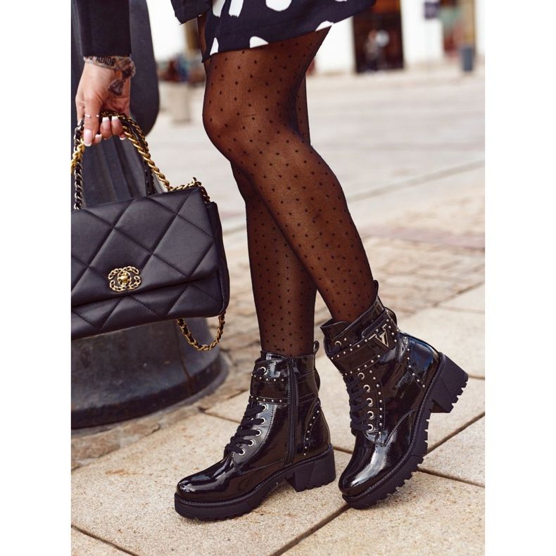 Cizme muncitoare pentru femei Valeria lăcuite negre negru 2