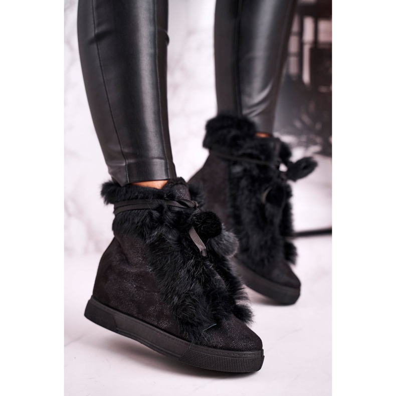 Adidași cu toc negru pentru femei, cu blană, destul de negri argint 1