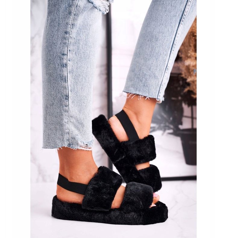 FJ1 Papuci de damă pe platformă din blană de bumbac negru 2 FJ1 Papuci de damă pe platformă din blană de bumbac negru 2