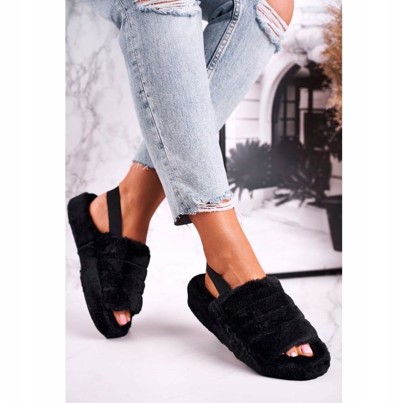 FJ1 Papuci de damă pe fulg de zăpadă neagră cu platformă de blană negru 2