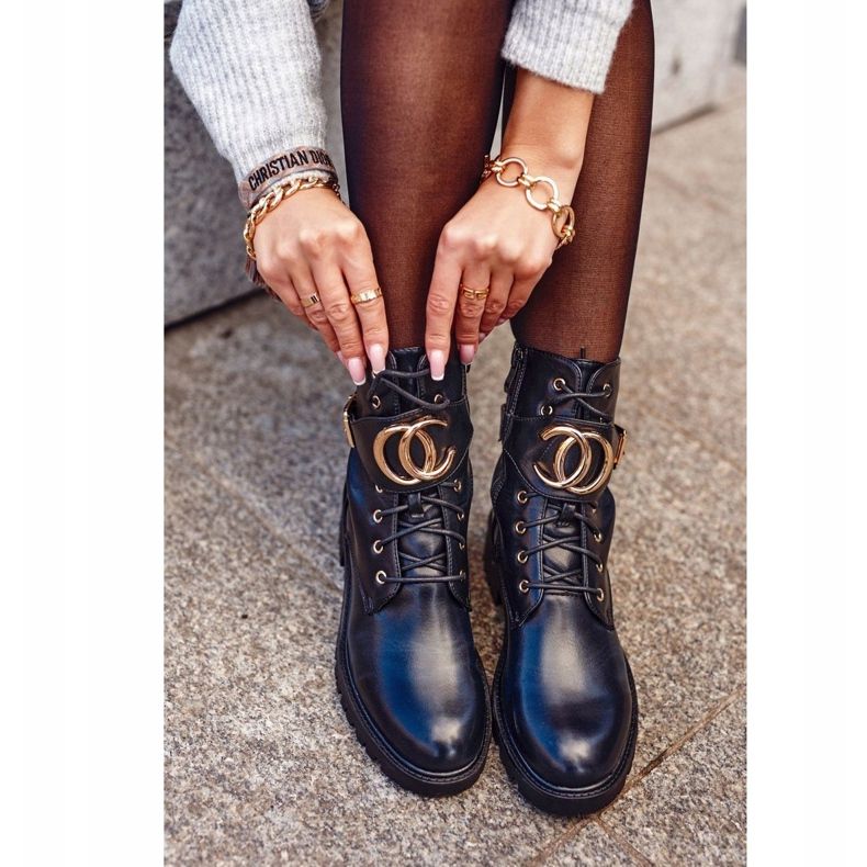 PS1 Cizme de damă Lucrători cu cordon Negru Auriu 1