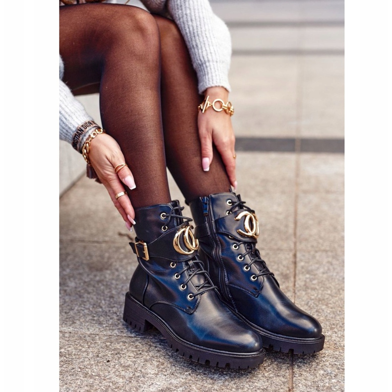 PS1 Cizme de damă Lucrători cu cordon Negru Auriu 2